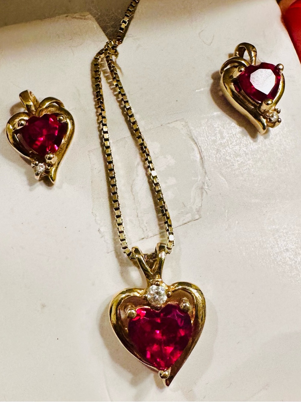 10K Gold Heart Ruby Diamond earrings necklace 10K gold diamond ruby pendant set - Picture 3 of 8